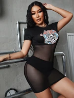 graphic contrast mesh bodycon dress without panty