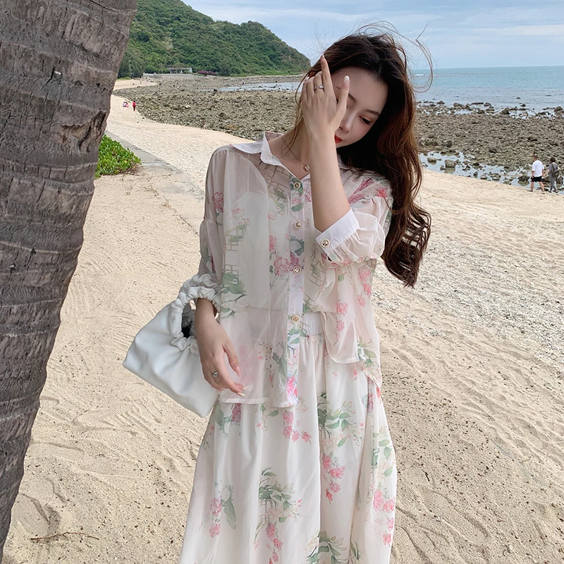 Женский костюм большого размера с цветочным принтом рубашка и трапециевидная