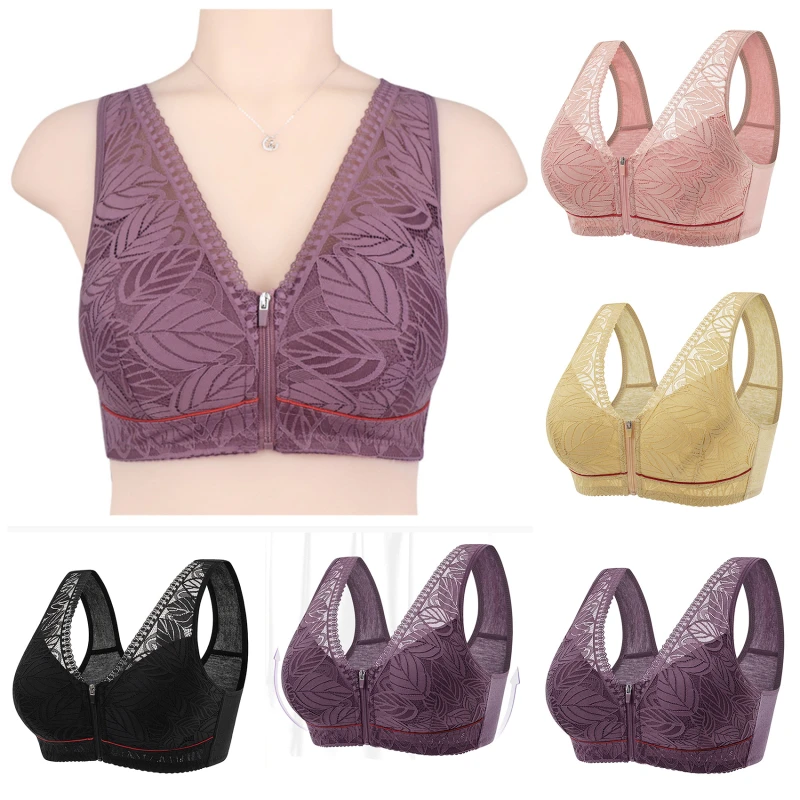 

Women Fashion Front Zipper Lace Vest Bra Tank Top Underwear Slim Push Up Bra Soft Cotton Cup Ladies No Steel Ring Solid Color