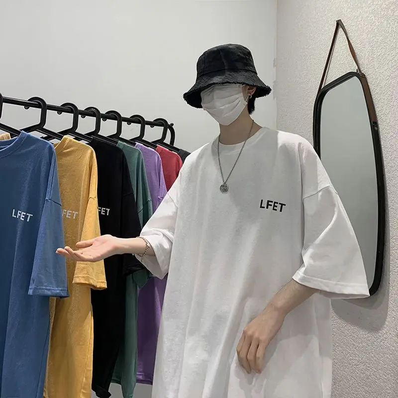 

Хлопковая летняя футболка с коротким рукавом, Мужская трендовая Свободная Повседневная футболка, простая Универсальная футболка в Корейск...