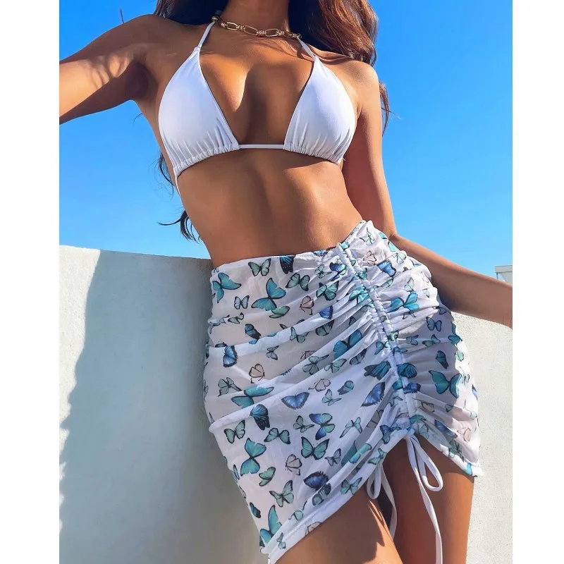 

Купальник-бикини и юбка, женский купальник, 3 упаковки, Бразильская сетчатая накидка с тропическим принтом, женский пляжный купальный костюм 2023, бикини