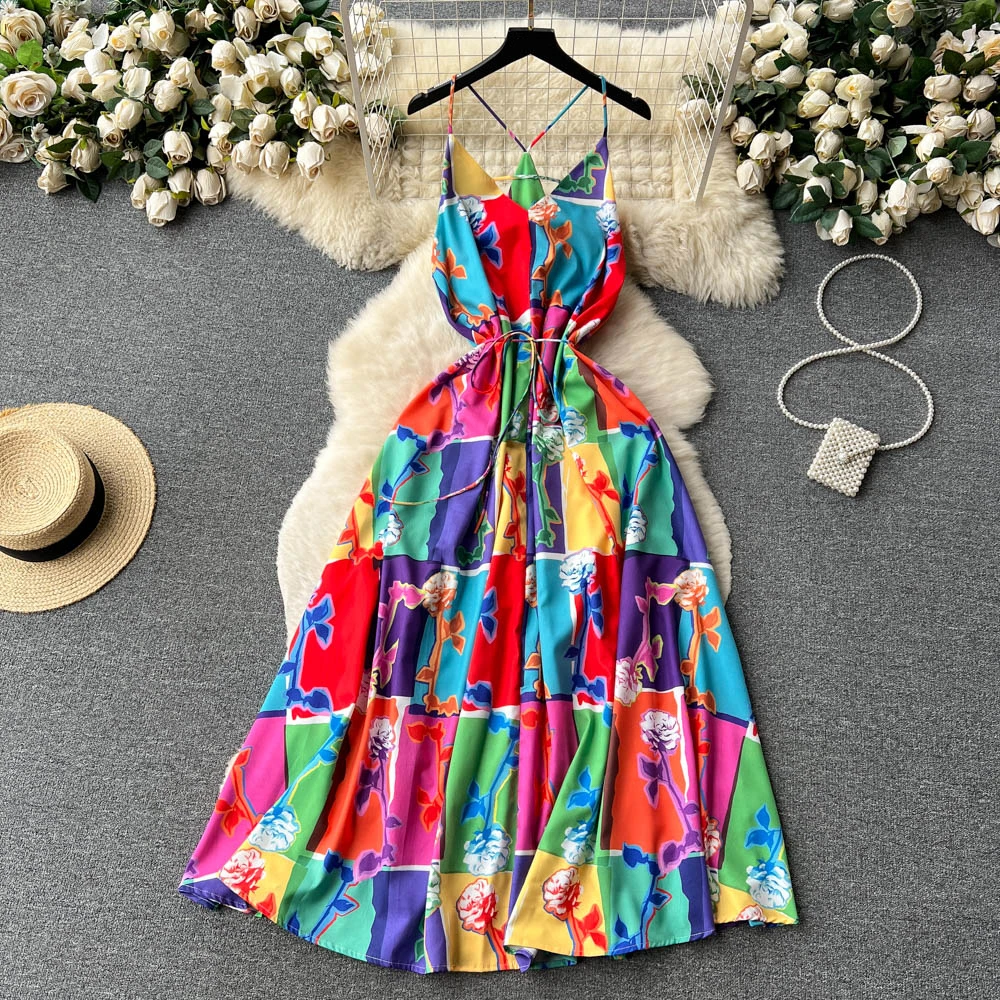 

Clothland Women Chic Print Strap Dress V Neck Sleeveless Backless Sashes A Line Color Summer Beach Midi Dresses Vestido QC243