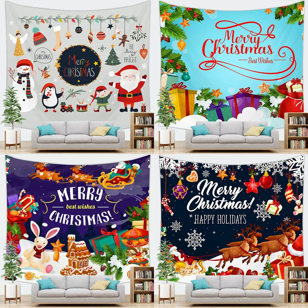 

Merry Christmas Christmas tree Santa Claus snowman printed pattern tapestry home living room bedroom wall decoration tapestry