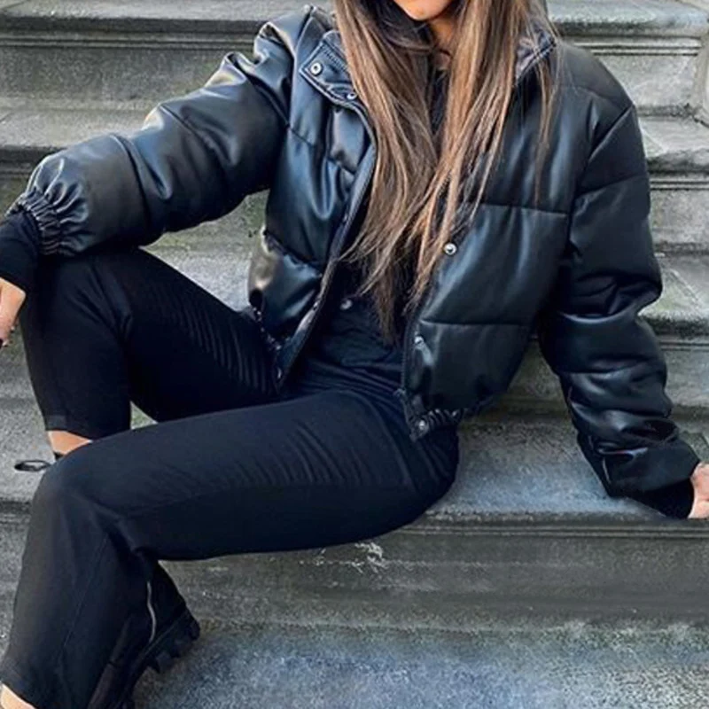 Winter Women's Jacket 2020 Female Thick Warm Short Parkas Fashion Black PU Leather Coats Women Elegant Zipper Cotton Jackets Top
