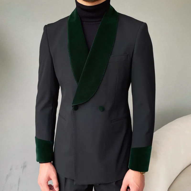 Green Shawl Collar Formal Dress Men Blazer Velvet Splicing Mariage Suit Jacket  Stylish Banquet Groom Men Blazer Homme Slim Fit 