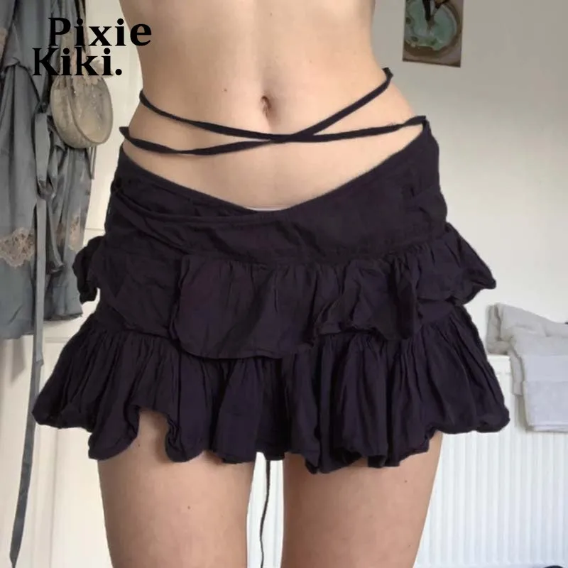 

PixieKiki Aesthetic Y2k Lace Up Low Waisted Mini Skirts for Women Grunge 2000s Clothes Cute Sexy A Line Pleated Skirt P77-DC21