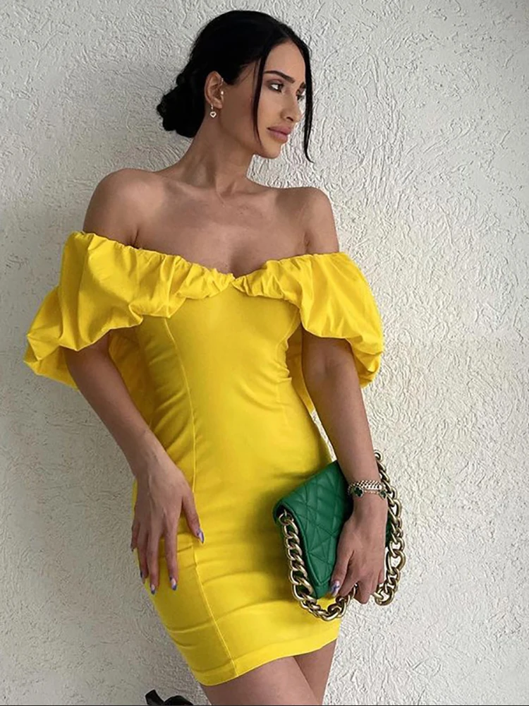 

2023Summer Spring Fashion Female Club Party Dresses Sexy Slash Neck Mini Dress Women Elegant Slim Solid Puff Sleeve Short Robes