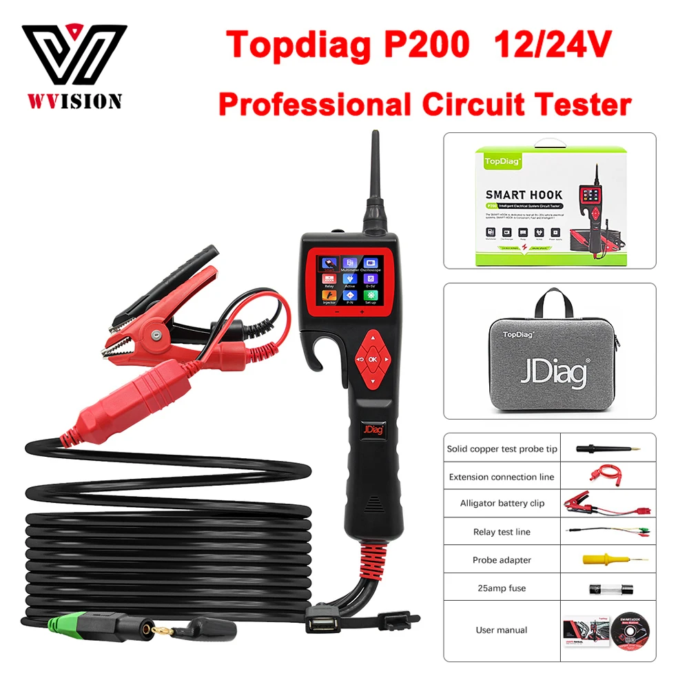 TopDiag Jdiag P200 12 В 24 в умный крюк датчик мощности Автомобильный анализатор цепи тестер цифровой тестер электрическая система детектор мультиметр
