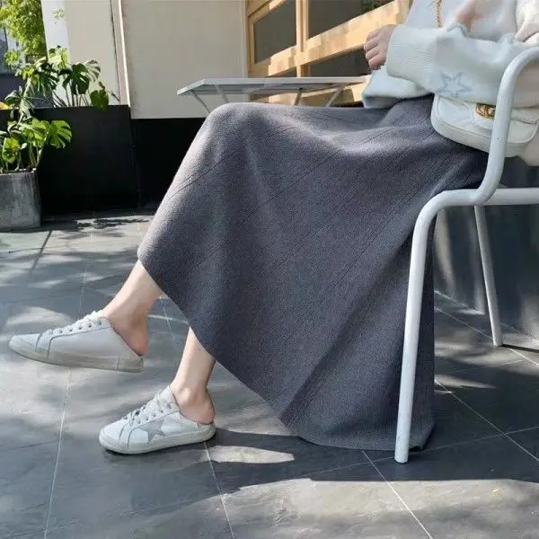 

New 2022 Autumn Winter Knitted Skirt Women Casual Solid All-match A Line High Waist Pleated Sweater Midi Long Skirt Female