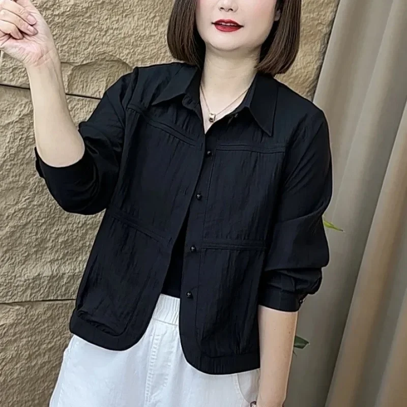 2024 New Women's Long Sleeve Shirt Early Autumn Solid Color Lapel Thin Jacket Spring Cardigan Mother's Attire Slimming To
