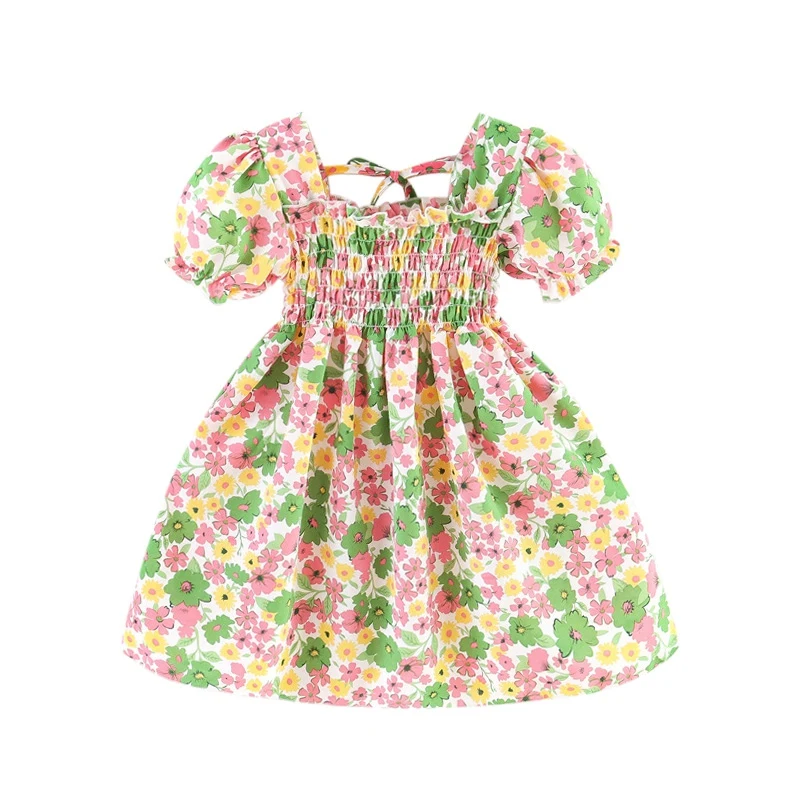 

Summer Floral Print Puff Sleeves Dress Children Cute Korean Style Dress Kids
