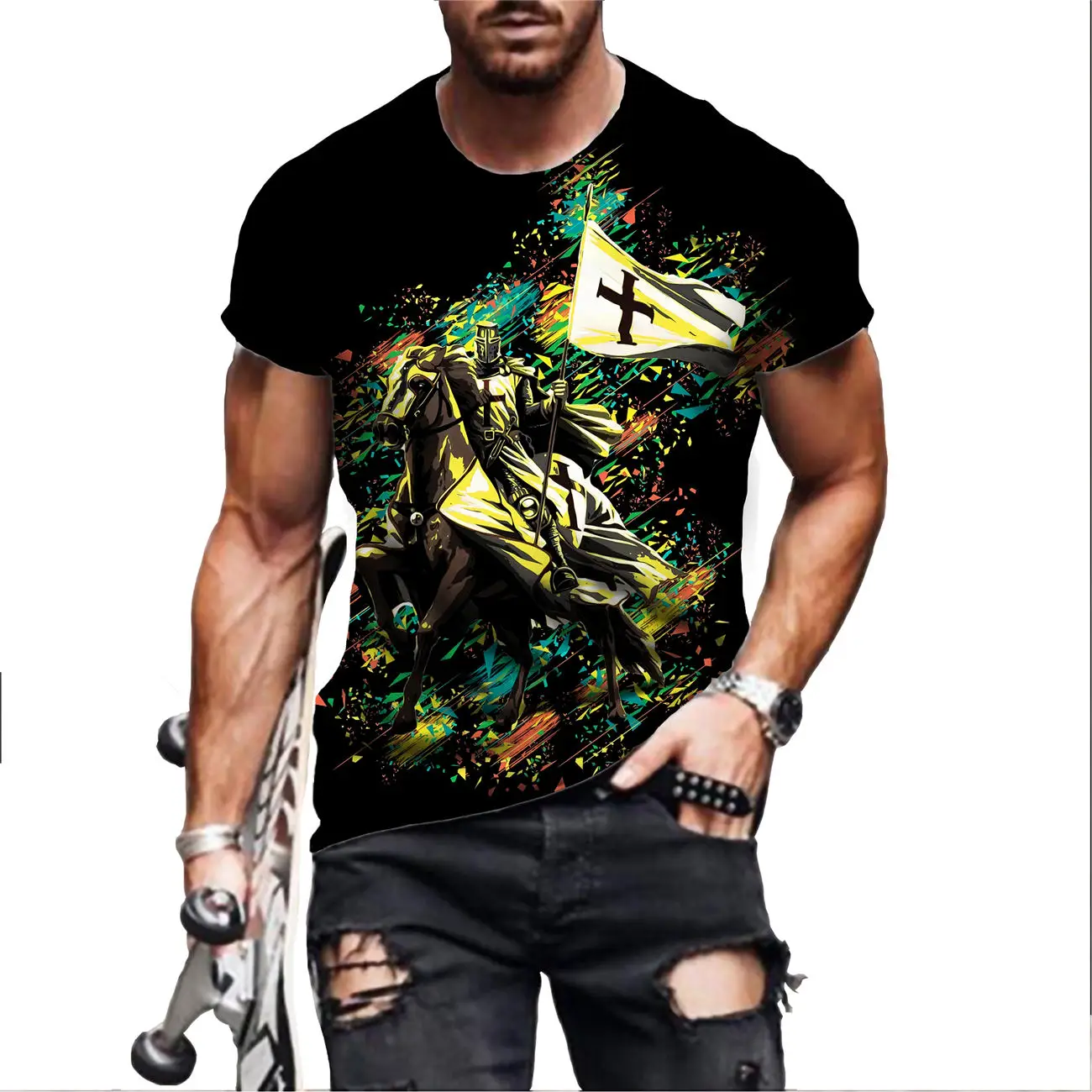 

Cool Fashion Knight Templar Printed T Shirts Summer Retro Casual Tees Funny Harajuku 3d Short Sleeve Streetwear Hip Hop Tops