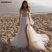tulle beach wedding dresses high slit puff sleeves bridal gowns sweetheart bride party vestido noiva boho custom made for bride
