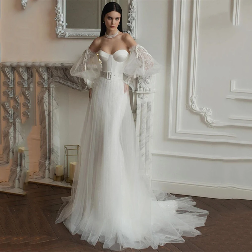 

Puff Sleeves Princess Wedding Dresses Sweetheart Backless Lace Bridal Dress Sweep Train Sashes Design Tulle Ribbons Sexy 2022