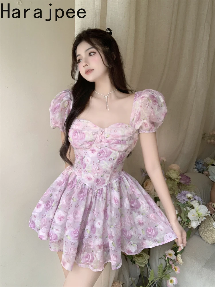 

Винтажное платье в стиле харадзпи, французское платье трапециевидной формы с квадратным воротником и пышными рукавами, приталенное платье ...