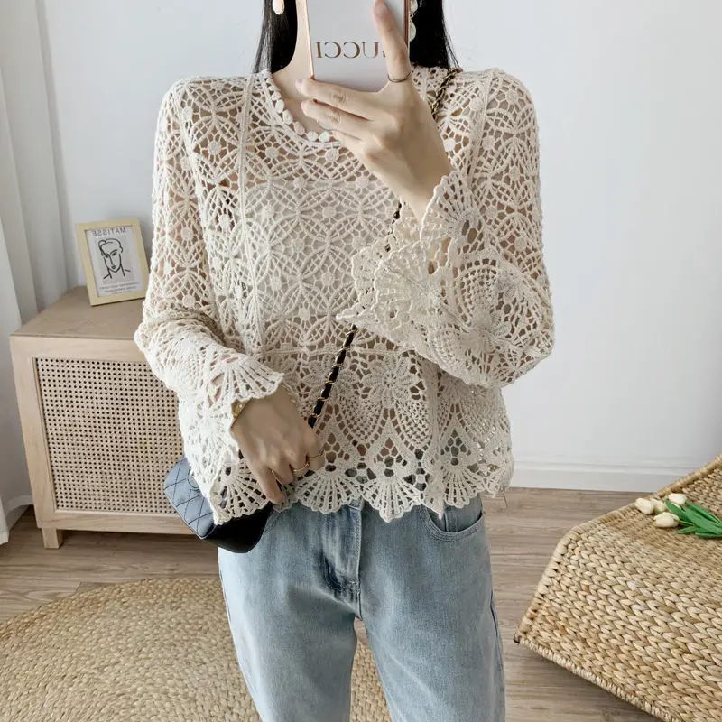 

Hollow knitted women sweater spring and autumn long-sleeved Korean sweet super fairy solid all-match bottoming pullover top