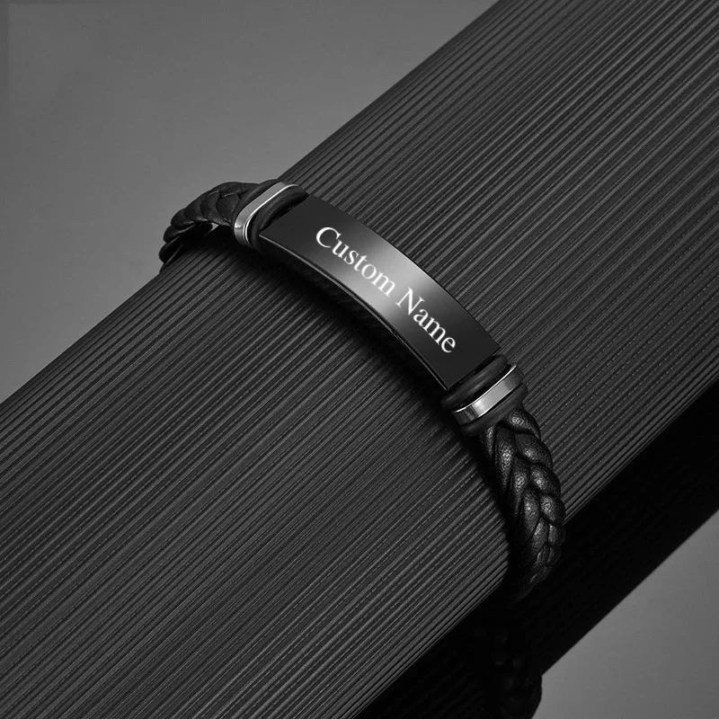 Персонализированный кожаный браслет для мужчин из нержавеющей стали с