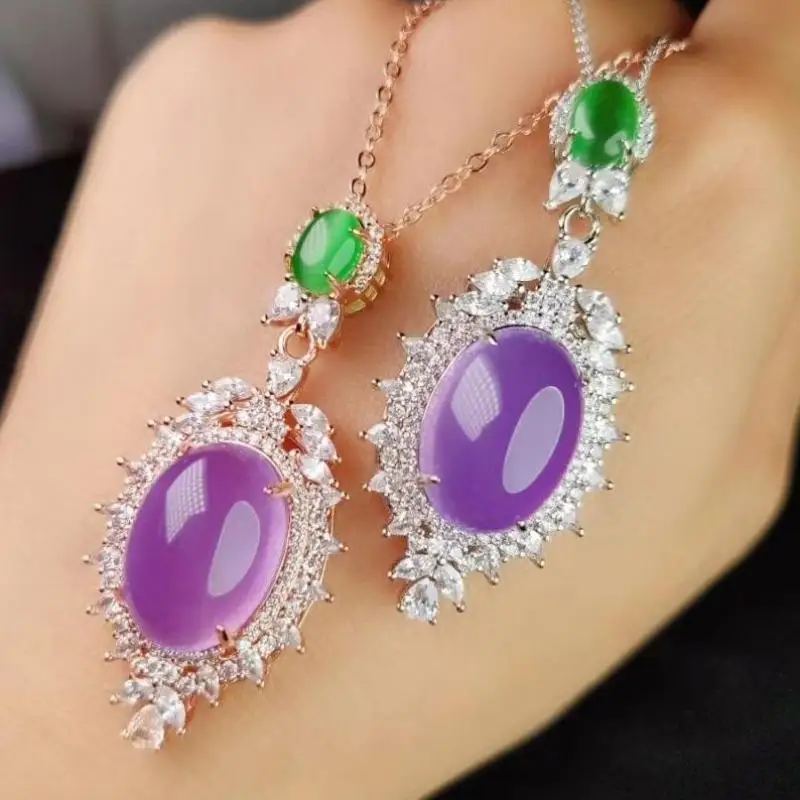 Genuine Natural Purple Jade Oval Egg Pendant With Zircon Green Jadeite Myanmar Emerald Jades Charm Necklace Women Lucky Amulet |