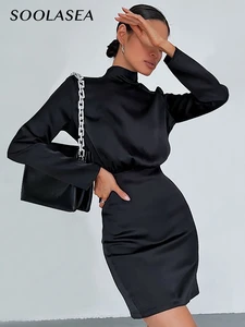 Soolasea Backless Lace-Up Sexy Women Bodycon Dress High Waist Bow Knot Mini Dress Spring Long Sleeve Black Evening Party Dress