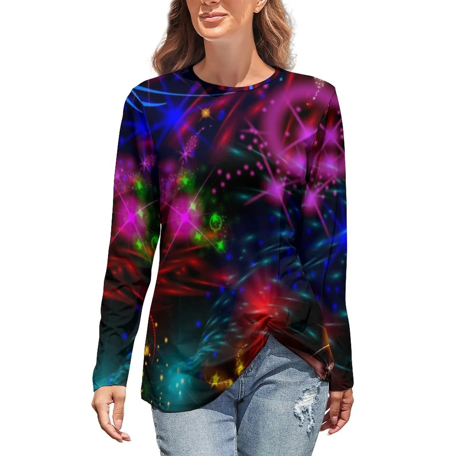 

Футболка женская с длинным рукавом, уличная одежда с разноцветными неоновыми принтами, с принтом в стиле ретро, Свитшот и звезды, большой ра...