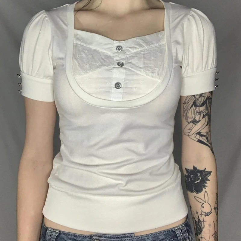 

Y2K эстетичная сказочная Винтажная футболка Ретро Kawaii Белый молочный Топ женский летний пуловер с пышными рукавами футболки одежда