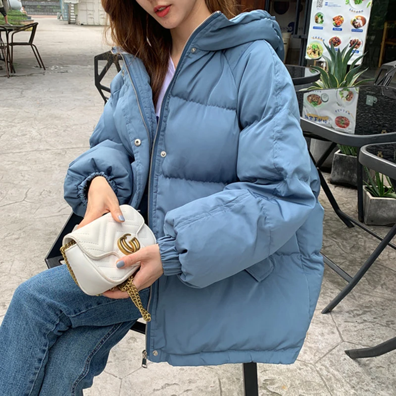 Solid Cotton Padded Jacket Women Korean Fashion Hooded Thicken Warm Jackets 2022 Winter Casual Blue Green Outwear Female Y938