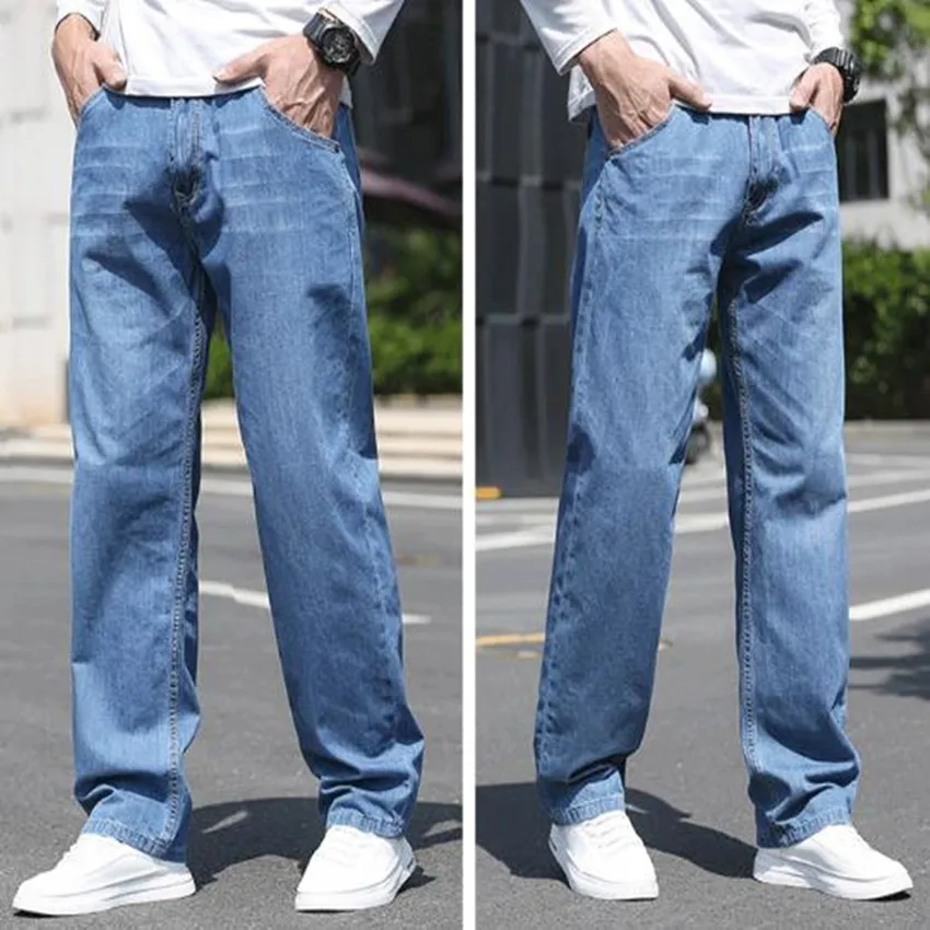Classic Style Men Jeans Business Casual Straight  Loose Cotton Denim Pants Solid Light and thin breathable Trousers Male