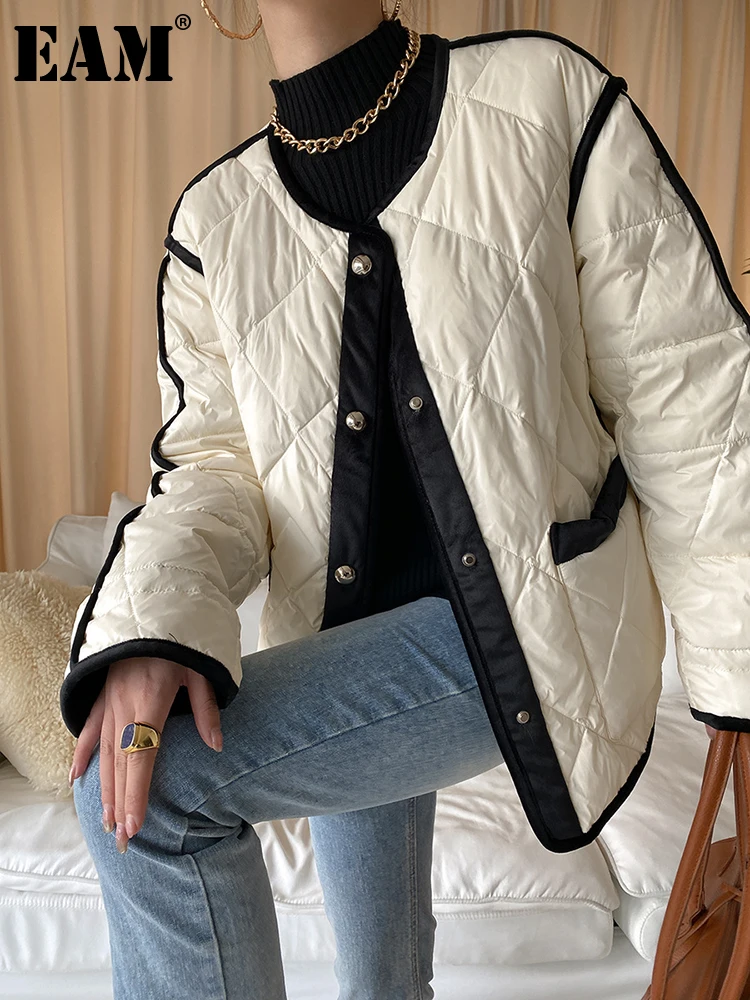 [EAM] Loose Fit White Elegant Big Size Warm Down Jacket New Long Sleeve Warm Women Parkas Fashion Autumn Winter 2022 1DF2694