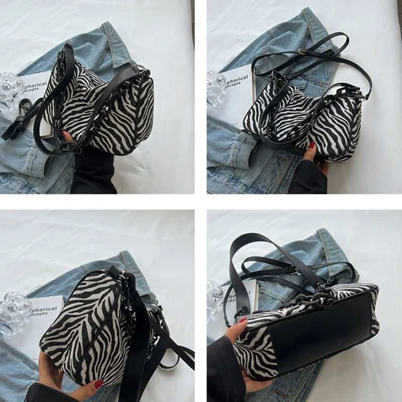Zebra-stripe Acrylic Chain Shoulder Underarm Bags Fashion Women's New Canvas Crossbody Bag Soft Casual Commute Portable Satchel