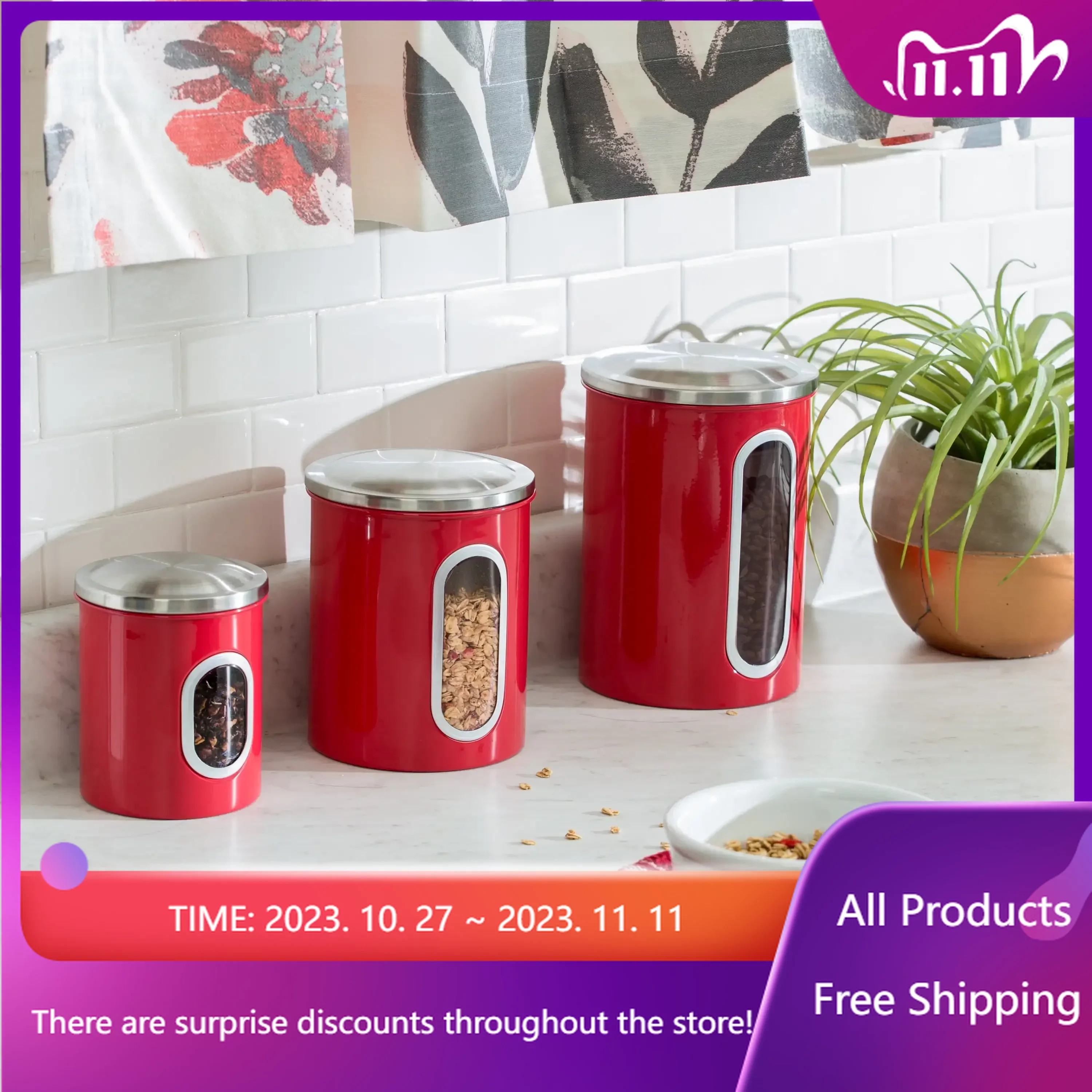 

Three-Piece of Nesting Stainless Steel Kitchen Canisters, Red, Kitchen Storage Container, Kitchen Organizer Kitchen Items Fast