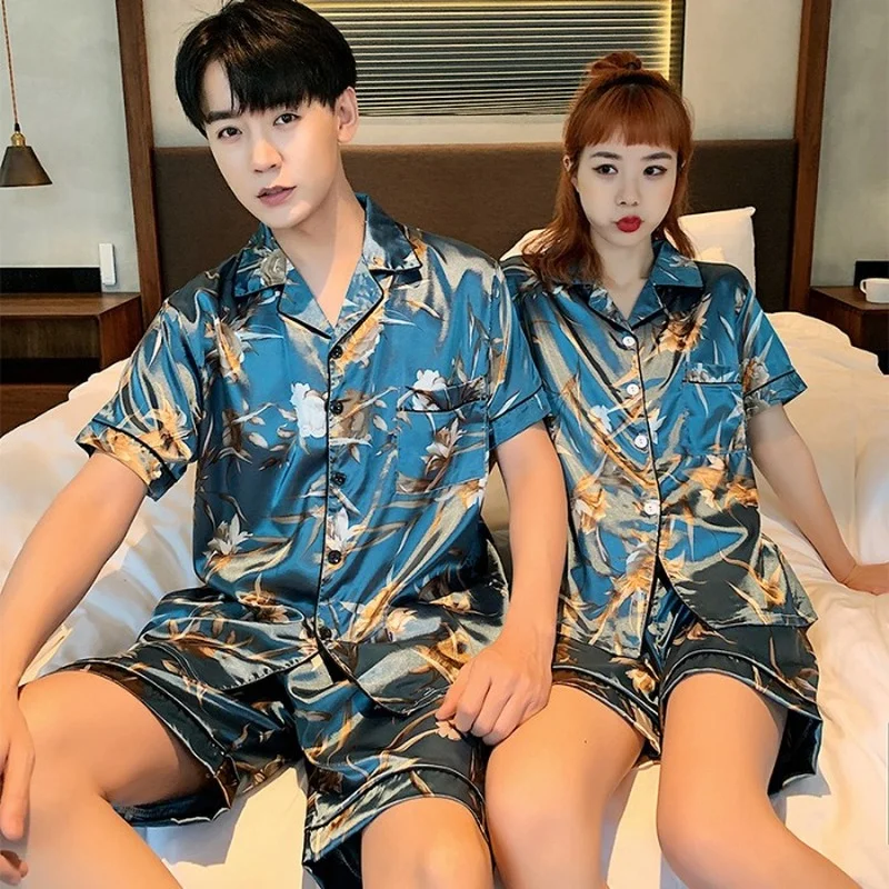 QWEEK Pajama Couple Man and Woman Satin Silk Sleepwear Kawaii Cartoon Pijamas Summer Night Home Suit Pyjamas Suits with Shorts
