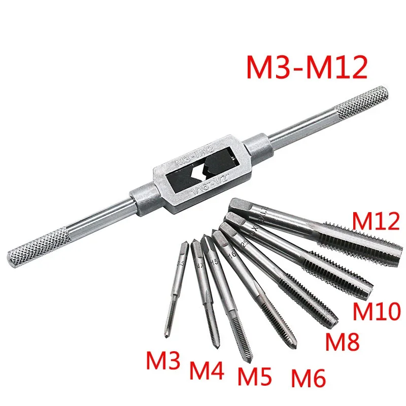 

Hand Wrench M6 Screw Verstelbare Tap Tap Met M12 Wrench M4 M8 Hss Plug Metric 1/16-1/2" Schroefdraad 6/8Pcs M5 Die M8 M3 Tap