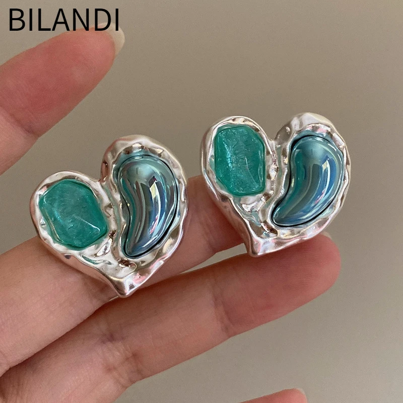 

Bilandi Fashion Jewelry 925 Silver Needle Green Resin Heart Earrings For Women Female 2023 Trend New Accessories Dropshipping
