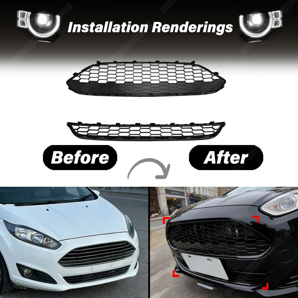 Фото Решетка радиатора Honeycomb Mesh (сотовая сетка) для Ford Fiesta Zetec-S MK7 JA8 2013-2017, верхняя центральная решетка в стиле ST, элементы обвеса №2