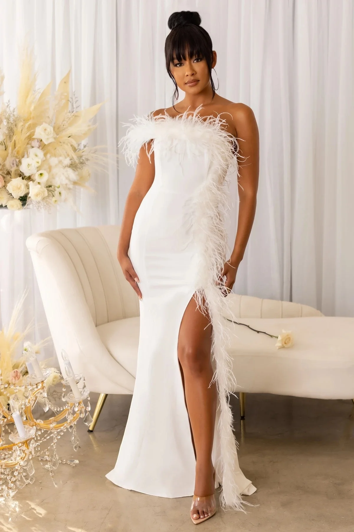 

Сексуальное платье Zoctuo на одно плечо с перьями, белое Клубное платье с разрезом, яркое банкетное платье, Женская длинная одежда для девушек, ...