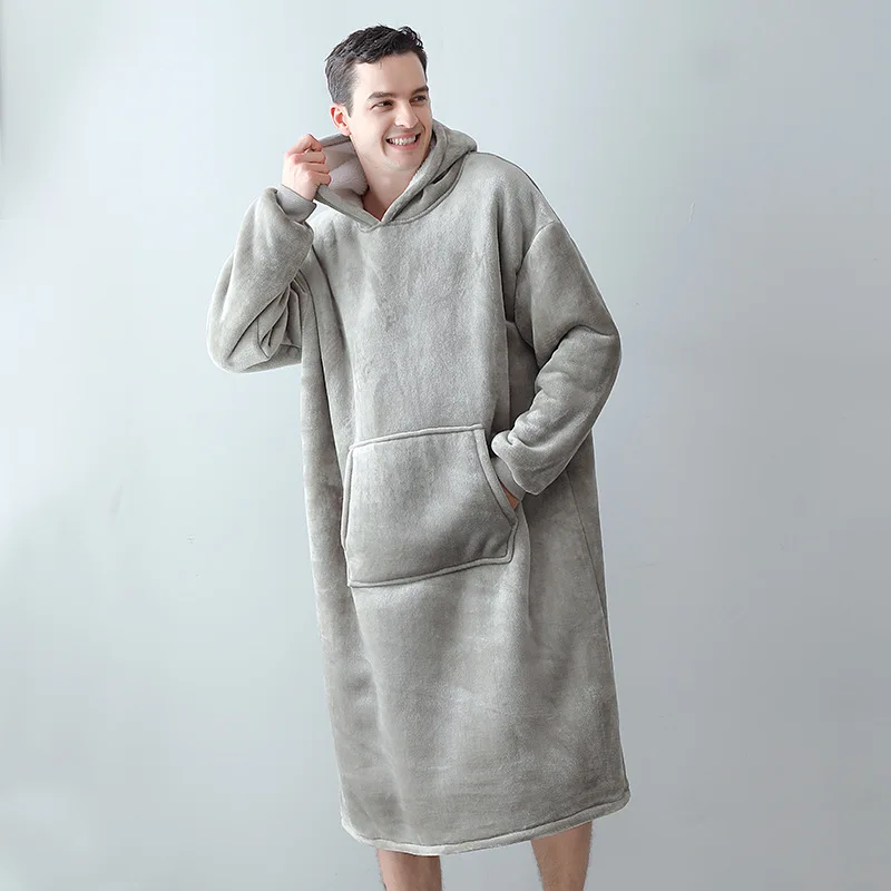 Mens Nightshirt Multi-functions Thickened Winter Warm TV Hooded Blankets Coral Fleece Robes Large Pocket Warm Men Sleepwear