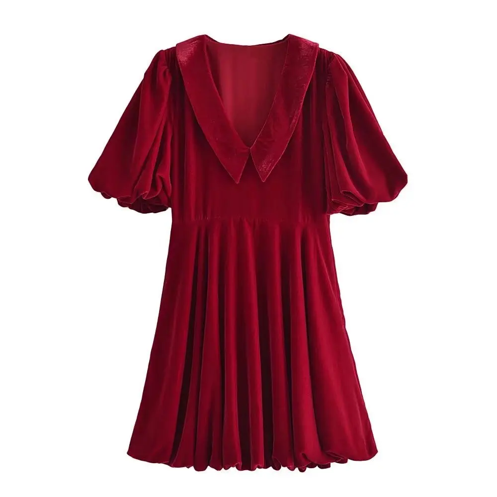 

Female Chic Red Velour Dress Turn Down Collar Side Zipper A Line One Piece Short Puff Sleeve Mini Dresses Vestido QA829