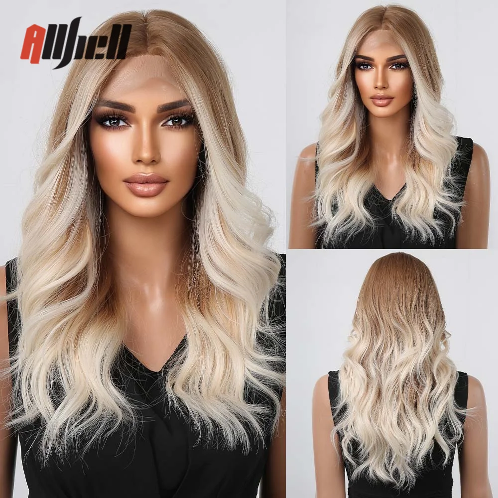 

Long Wavy Ombre Golden Blonde Lace Frontal Wig Synthetic Lace Front Wig for Black Women Cosplay Natural Heat Resistant Fake Hair