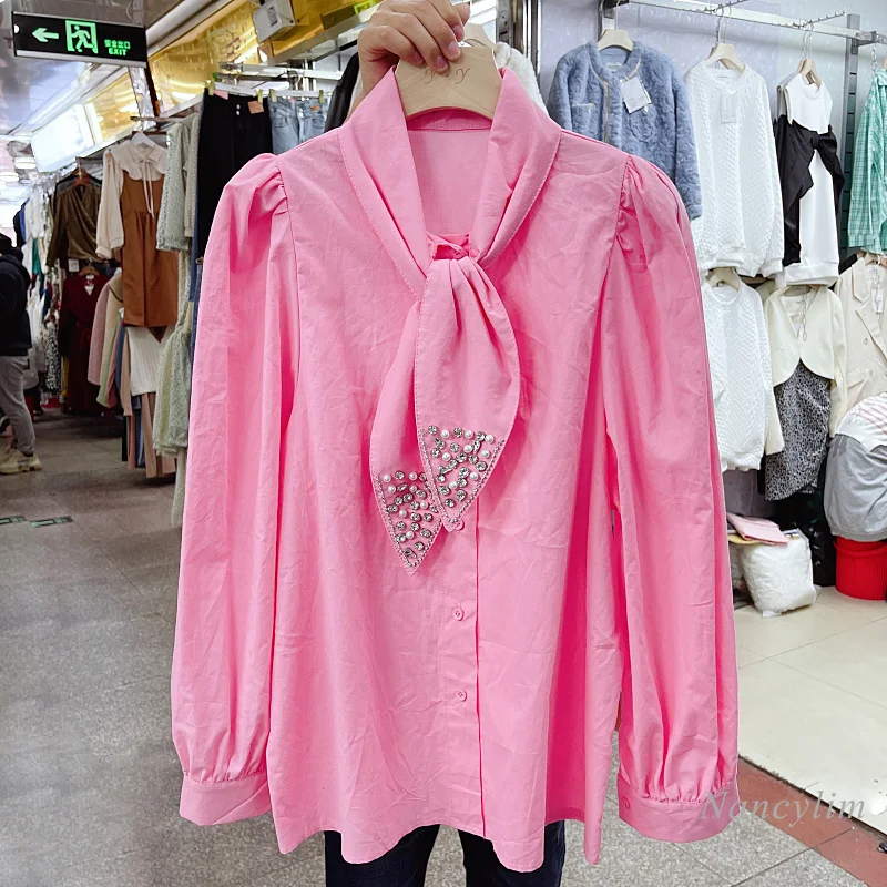 

Женская блузка с бантом на воротнике, свободная рубашка в Корейском стиле с длинным рукавом, 2022