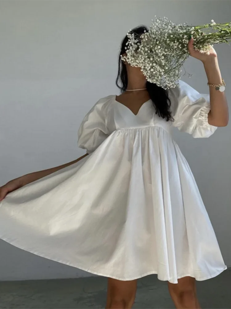 

Cotton V-Neck Loose Puff Sleeve Mini Dress Fashion White Summer Women A-Line Dress 2022 Solid Casual Retro High Waist Vestido