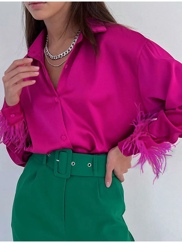 

Блузка женская с длинным рукавом, элегантная Однотонная рубашка с соединением перьев, офисный Шелковый Атласный топ, повседневная одежда, весна-лето