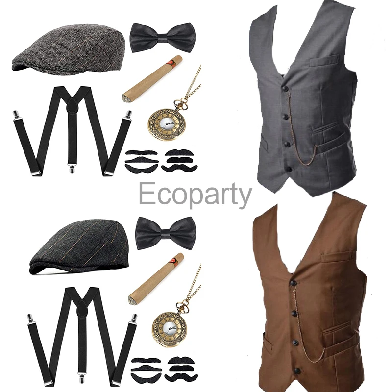 Retro Men's Gangster Costume Set Steampunk WaistCoat Peaky Blinders Vest Pocket Watch 1920s Men Gatsby Cosplay Outfit 35