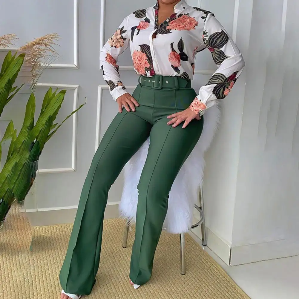 

2Pcs/Set New Fashion Women Shirt Floral Printing Elastic Waist Suit Shirt Flare Pants Set for Office 2022