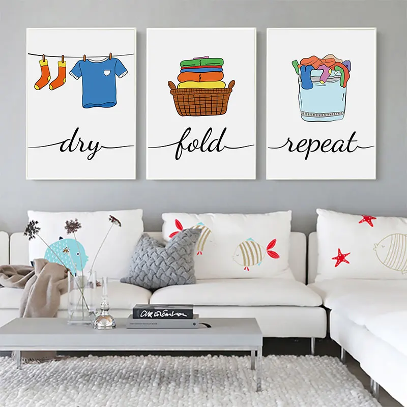 Печать Красочная Прачечная комната настенное искусство декоративная Современная стирка сухой складной повторный знак узор Холст Картина Декор для дома