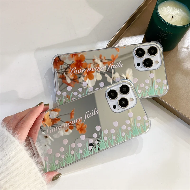 

Hot Luxury Cute Tulip Mirror Dreamlike Floral Phone Case For iphone 13 12 Pro 11 XS Max XR X 8 7 Plus Soft Protective Back Cover