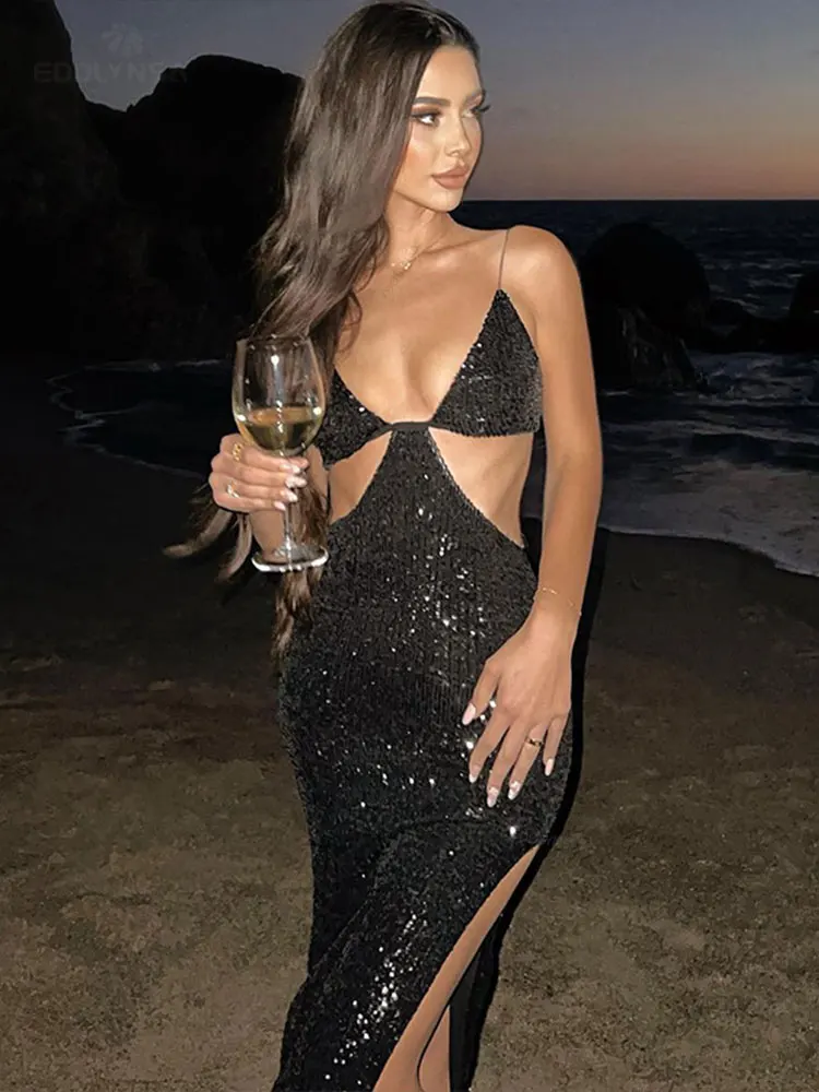 

Женское ажурное платье с блестками, длинное облегающее платье с глубоким V-образным вырезом, элегантное платье с высокой талией и разрезом н...