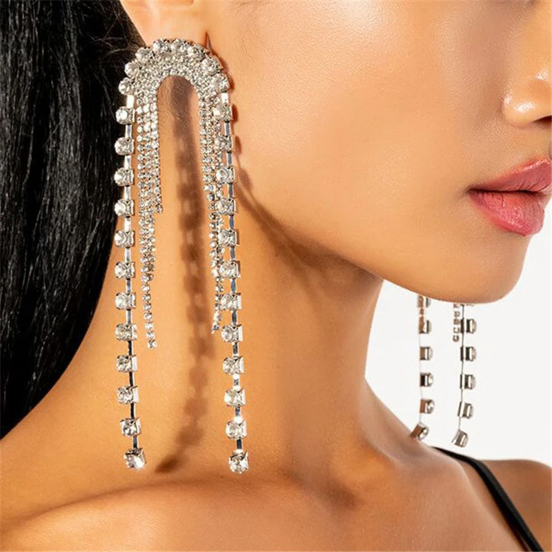 

Simple Shiny Rhinestone Long Frtassel Earrings Ladies Engagement Dinner Ultra Flash Crystal Earrings Exquisite Jewelry Wholesale