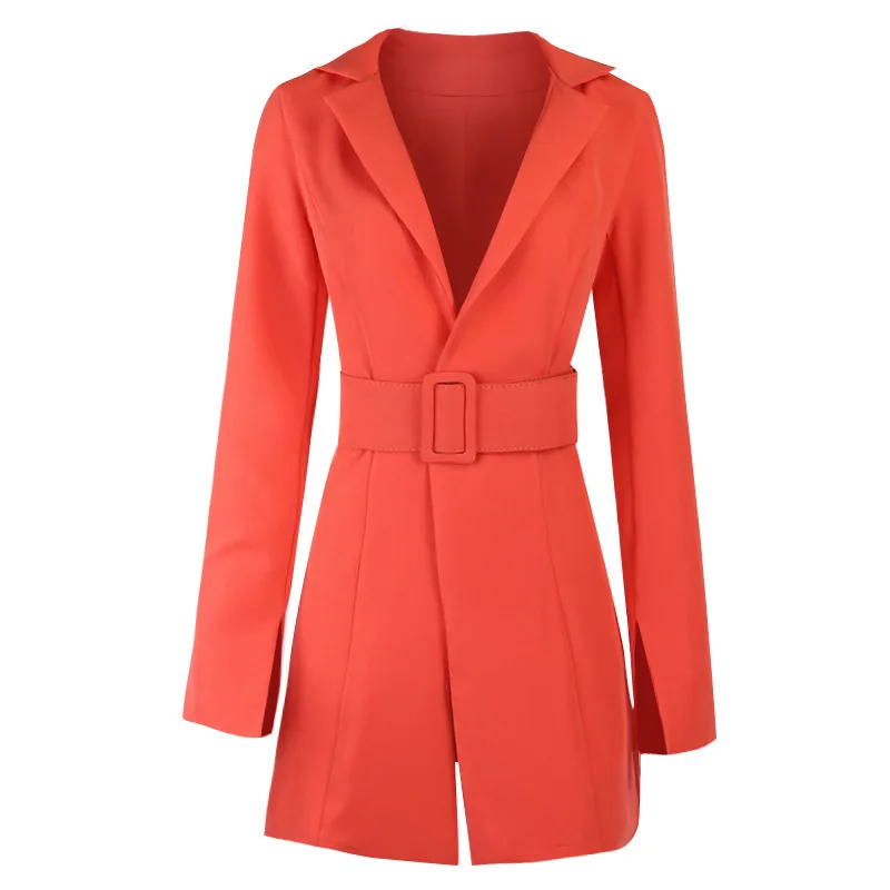 Simple Office Blazer with Free Belt Za Women Buttonless Solid Color Mid Length Casual Blazer Suit 2023 New Fashion Commute Wear