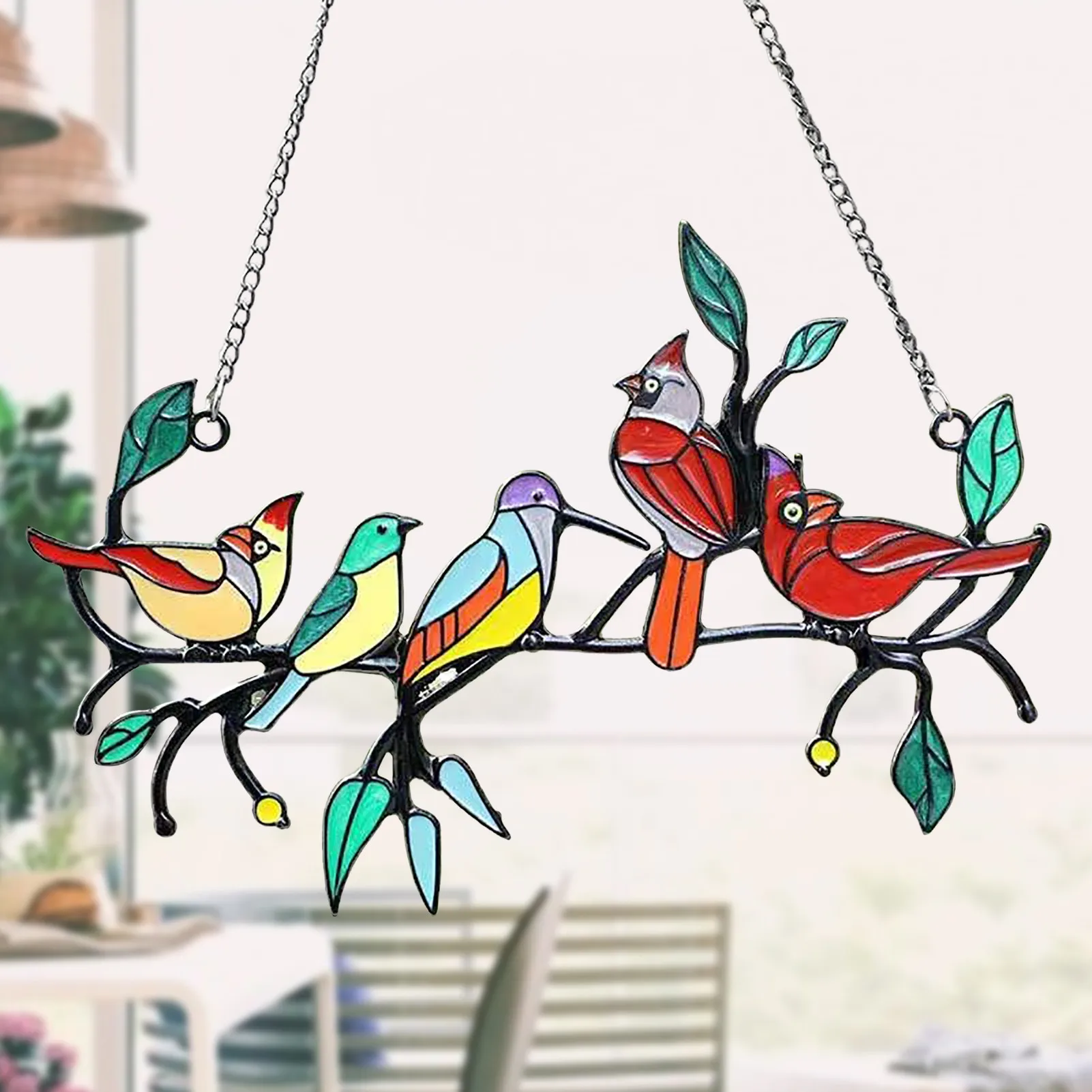 

Stained Birds Window Hangings Multicolor Birds On A Wire Sun Catcher Double-Sided Multicolor Stained Birds On A Wire Window