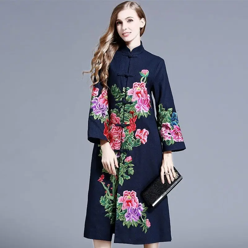 

Женское шерстяное пальто с цветочной вышивкой, винтажное пальто в китайском стиле, верхняя одежда размером 3xl для зимы и осени, 2023
